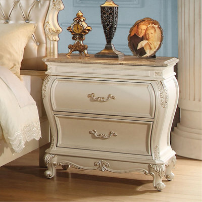 Table de chevet 2 tiroirs Pearl White avec pieds Queen Anne