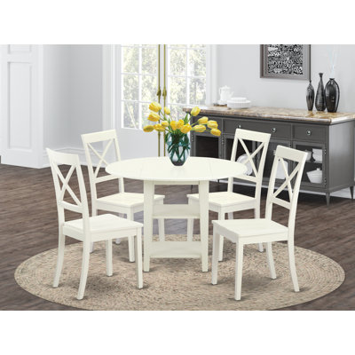 5 Piece Dining Set Includes a Round Dining Room Table with Dropleaf & Shelves and 4 Wood Seat Chairs, Linen White