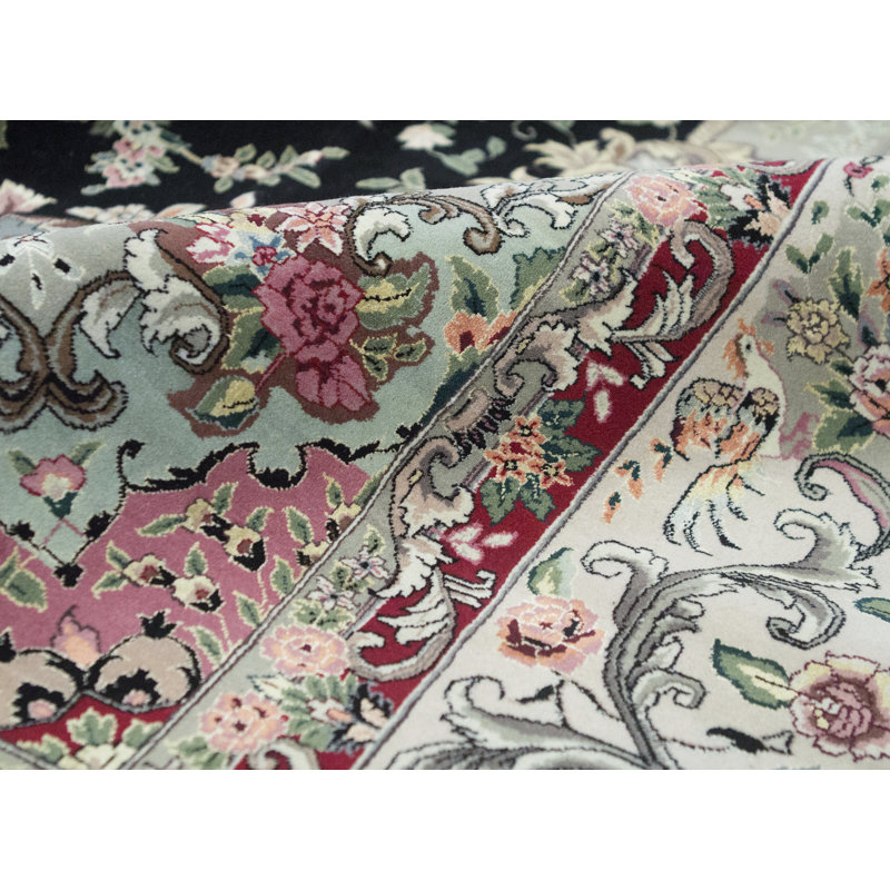 Wool Oriental Area Rug in Black/Light Green/Pink
