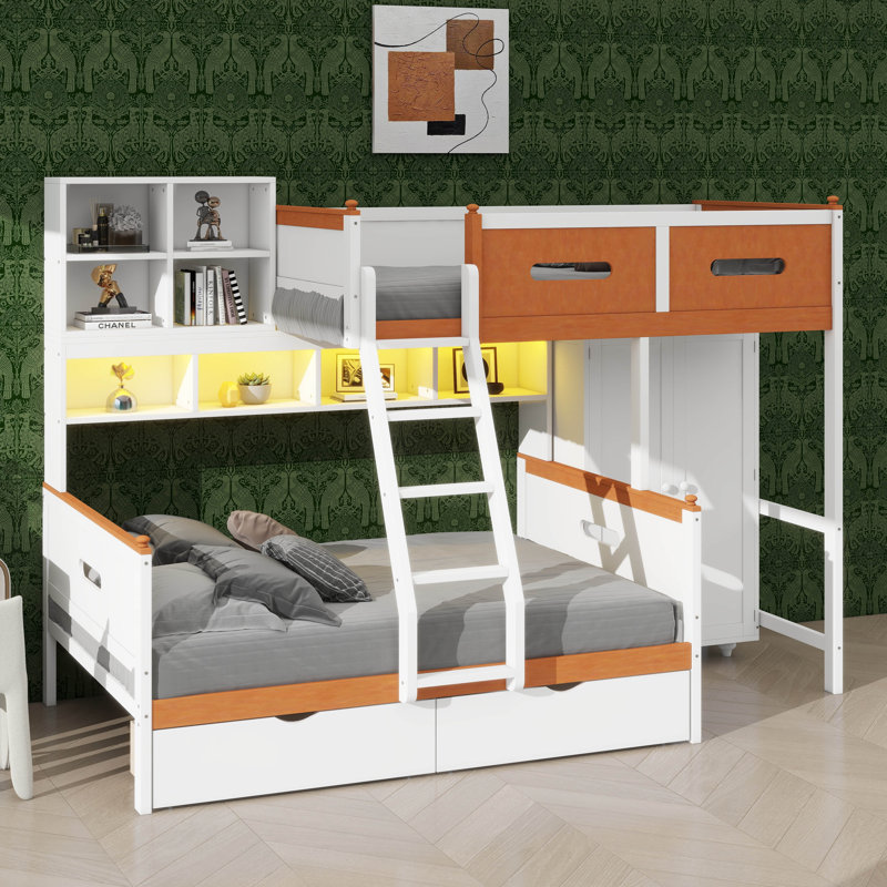 Lit superposé simple en bois simple avec garde-robe, tiroirs, tablettes et système d'éclairage à DEL