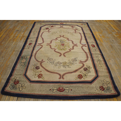 Hooked Hallway Runner 1930s Antique American Ivory Wool Rug