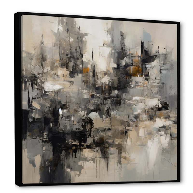 «Grey Black Inner Worlds of Marble I», reproduction d'art sur toile encadrée géométrique abstraite, Cadre flottant noir