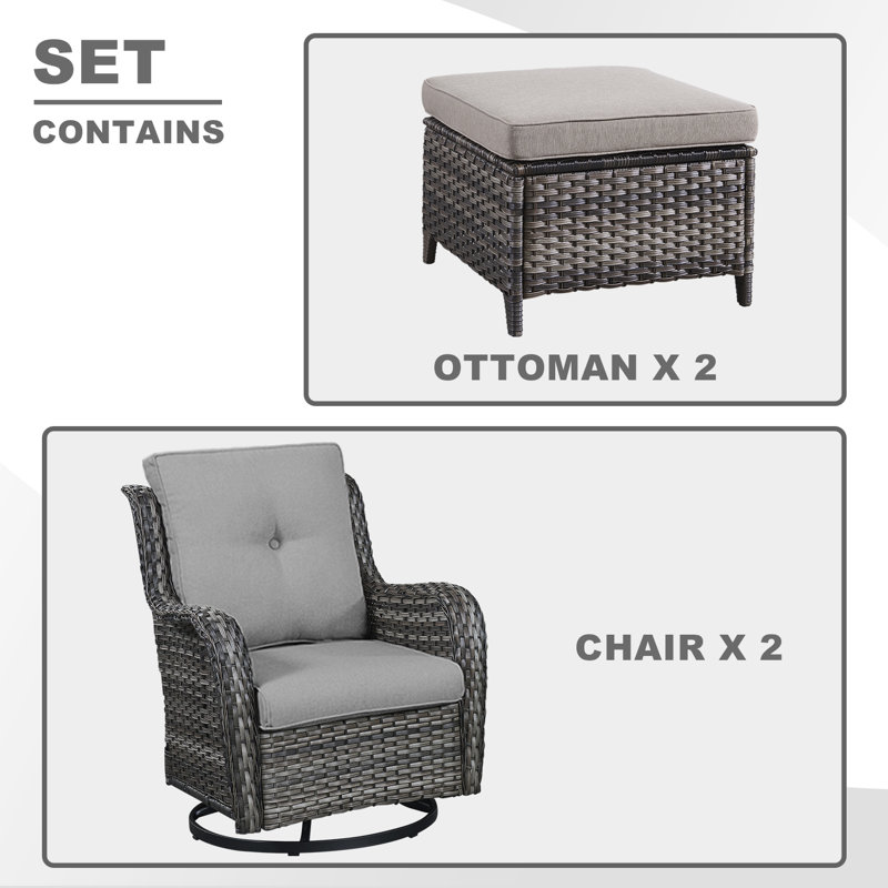 Bonia Makennah Swivel rocking Patio Chair with Cushions and Ottoman, Gray, Gray