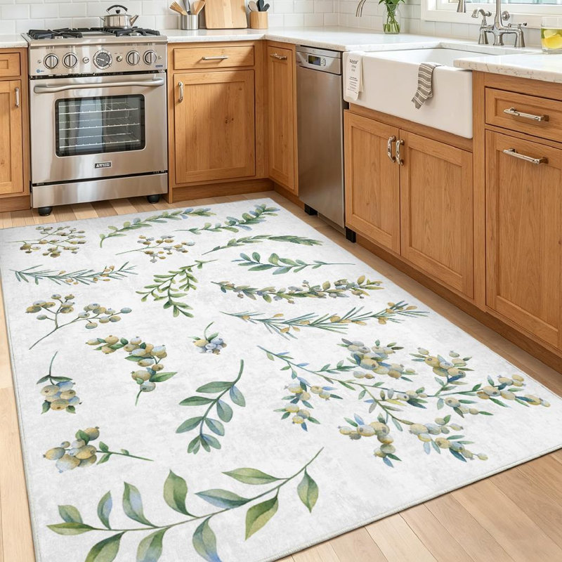 Green Botanical Floral Watercolor Plant Branch Elegant Machine Washable Indoor Area Rug, Rectangle 55" x 79"