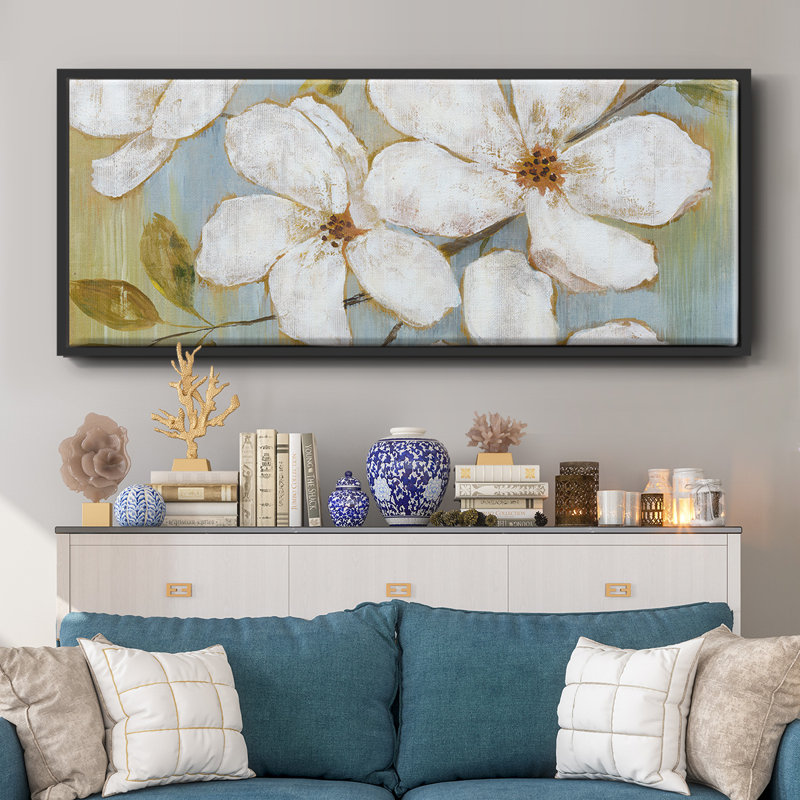 White Blossoms- Framed Canvas, 8" H x 20" W