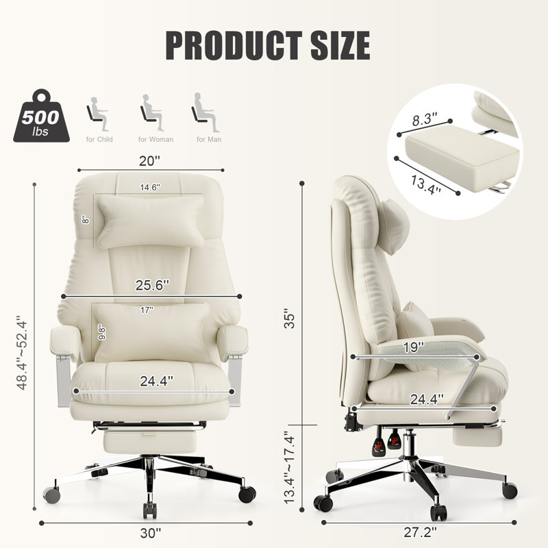 Big And Tall Office Chair, 500lbs Pu Executive Office Chair, High Back Ergonomic Office Chair With Footrest, Computer Desk Chair With Adjustable Headrest