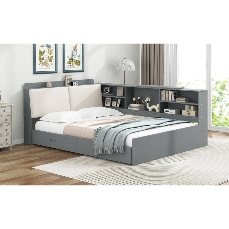 Lit plateforme en bois avec tête de lit, tablettes et 2 tiroirs, gris, Lit double, Gris