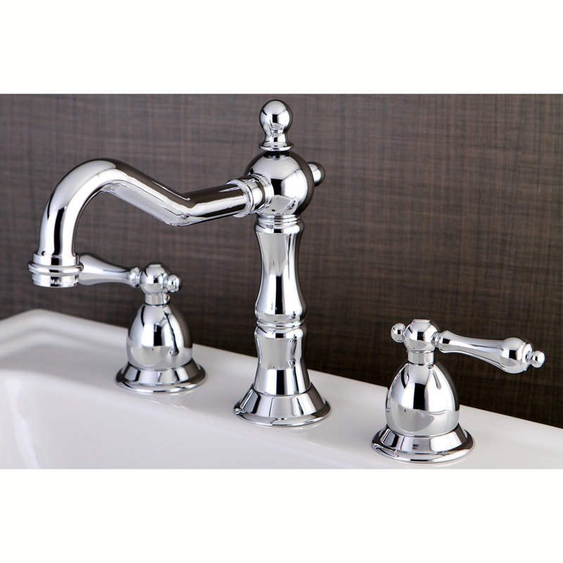 Kingston Brass Heritage Two-Handle 3-Hole Deck Mount Widespread Bathroom Faucet with Brass Pop-Up Drain, Polished Brass