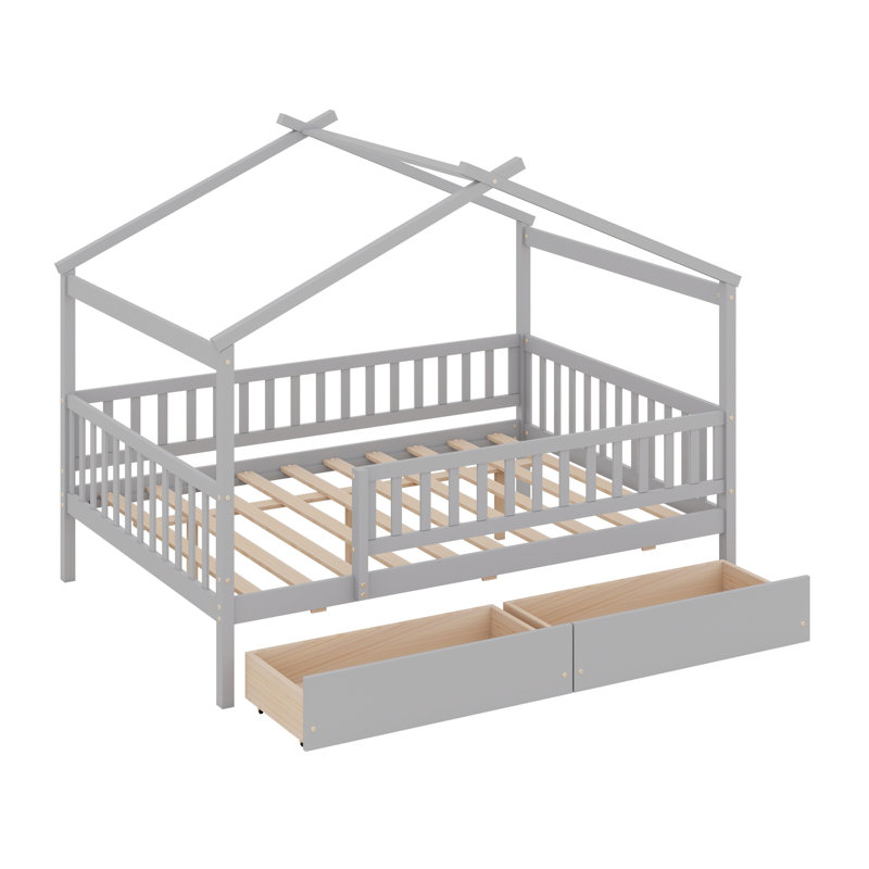 Lit en bois avec deux tiroirs, gris