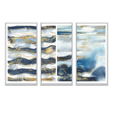 «Dark Blue And Gold Abstract Waves II», peinture sur toile 3 pièces
