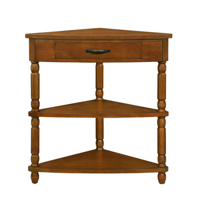 3 Tier 33.8'' Triangle Corner Table, Solid Wood Legs, Iron Gray Brown Legs Tier,