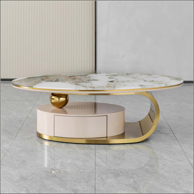 Table basse ovale de luxe avec tiroir, plateau en verre imprimé, structure en acier inoxydable brossé 201 #, centre de rangement moderne pour salon