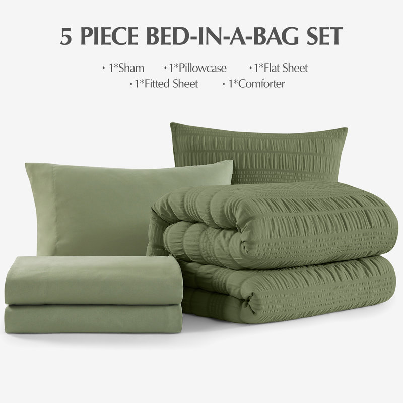 Comforter Set, Seersucker Bed in a Bag Soft All Seasons, Bedding Sets with Comforter, Flat Sheet, Fitted Sheet, Pillow Shams, Pillowcases