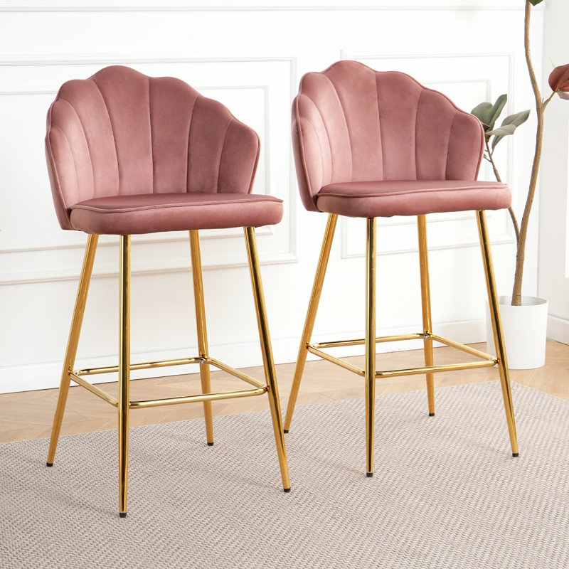 Velvet Upholstered Barstools Set of 2, Pink