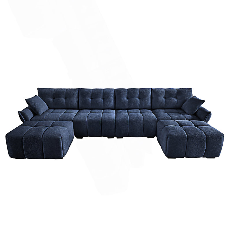 Canapé 4 places avec 2 repose-pieds, Chenille bleu