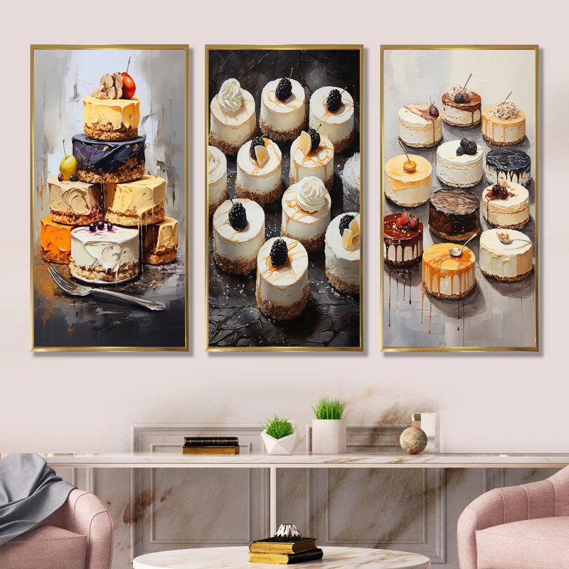 Delices Cheesecakes - Dessert, ensemble de 4 toiles d'art sur toile, Cadre flottant doré, H 40 po x l 60 po