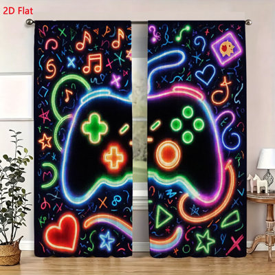2 Piece Set Gaming Controller Pattern Window Curtains Neon Style Vibrant Colors Decorative Drapes For Bedroom Living Room Game Room Decor Soft Fabric Window Treatments Modern Aesthetic Room Accessories