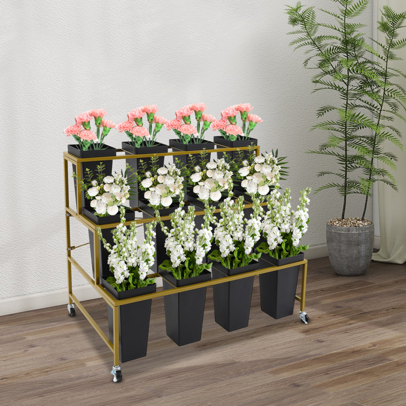 Présentoir à fleurs en métal avec roulettes