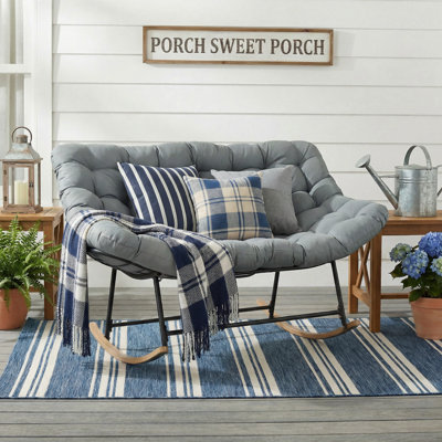 Oversized 2-Person Papasan Rocking Chair with 6" Thick Cushion, Solid Wood Rocker Base, 750 lb Capacity – Indoor/Outdoor Lounge Chair,Beige