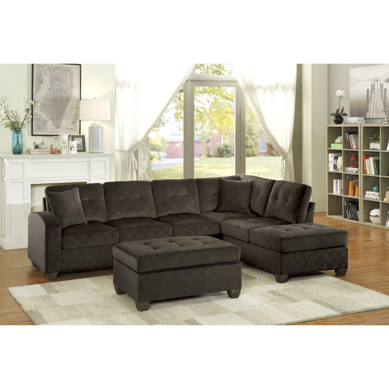 Canapé modulaire réversible avec repose-pieds Dyer, Microfibre chocolat / suédine