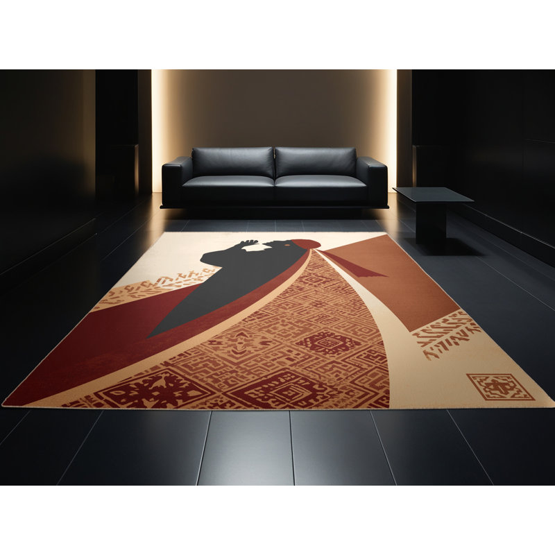 Soft Plush Durfee War Drum Caller Global Inspired Block Print Area Rug in Beige – Beige Binding, 7x10