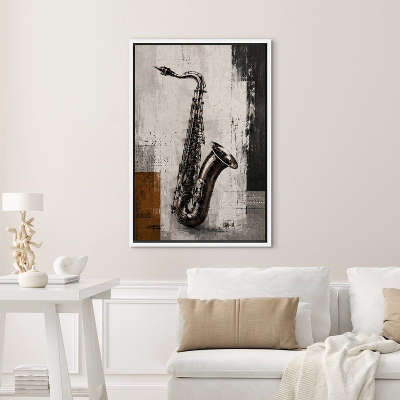 Contemporary Saxophone Jazz Instrument Artwork Wall Art Decor Framed On Canvas Print, 36" H x 24" W, White