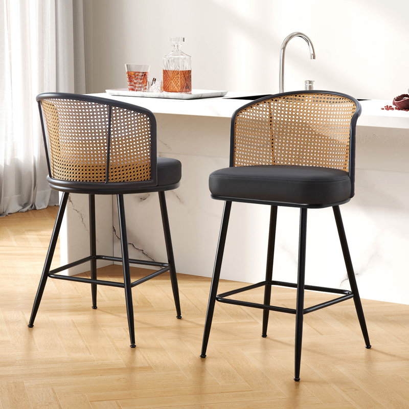 Tabouret rembourré Cane, Tabouret de comptoir (siège d'une hauteur de 26 p, Noir, 2