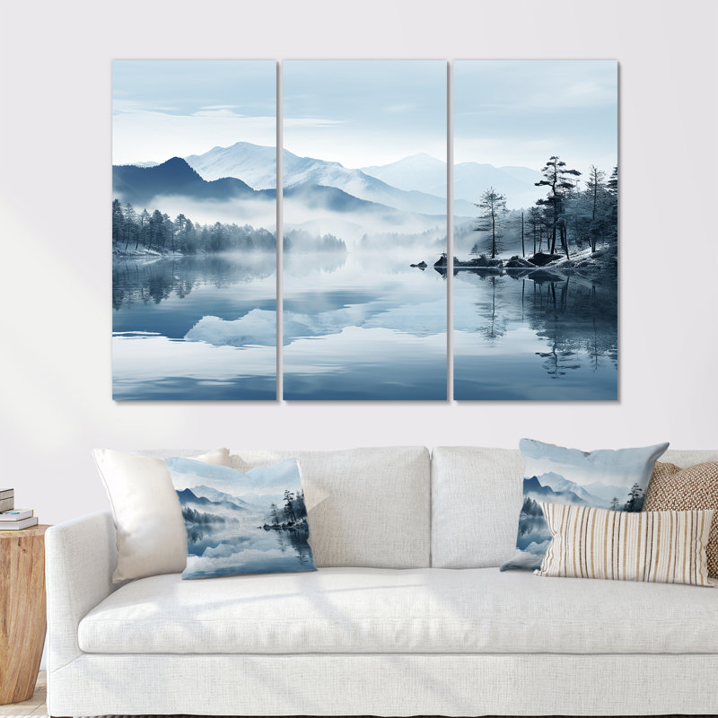 Double exposition montagne brouillard paradis I - rivière, ensemble d'art mural sur toile, Toile tendue