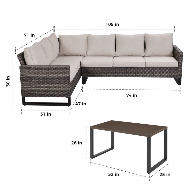 Ensemble de conversation modulaire d'extérieur en osier avec table basse rectangulaire 4 pièces Salome, Beige, Gris