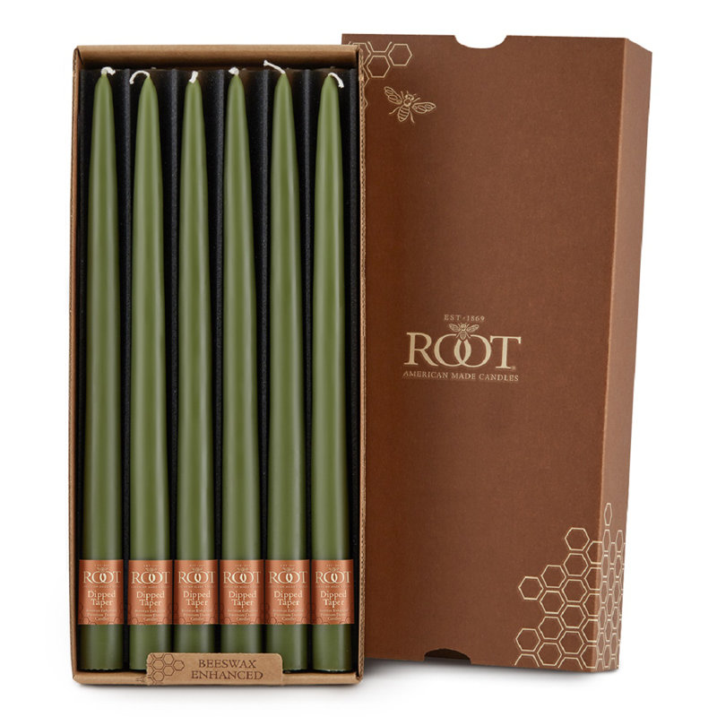 12 Piece Unscented Taper Candle Set, 12" H x 0.88" W x 0.88" D, Dark Olive
