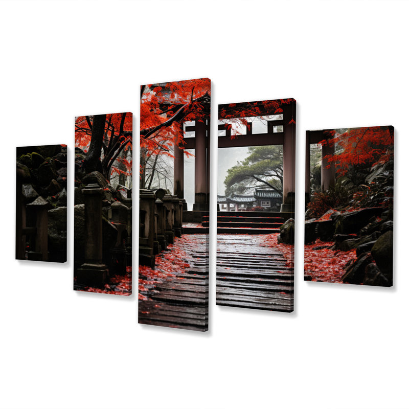  «Japon Art Red Torii Gate I - Art mural japonais sur toile - 5 panneaux