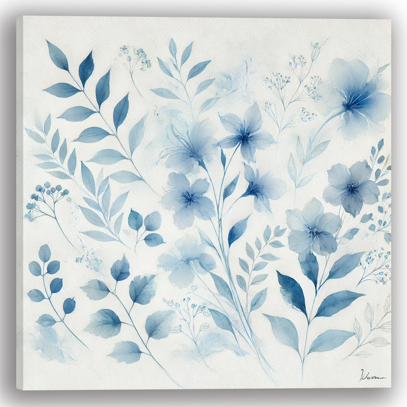 «Blue Blossoms and Leaves», reproduction d'art sur toile, H 12 po x l 12 po