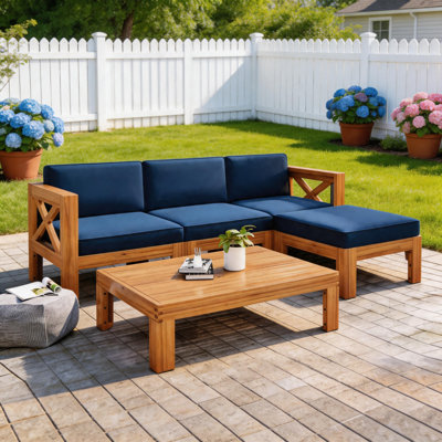 Ensemble modulaire de patio en bois d'acacia 5 pièces avec coussins bleu marine