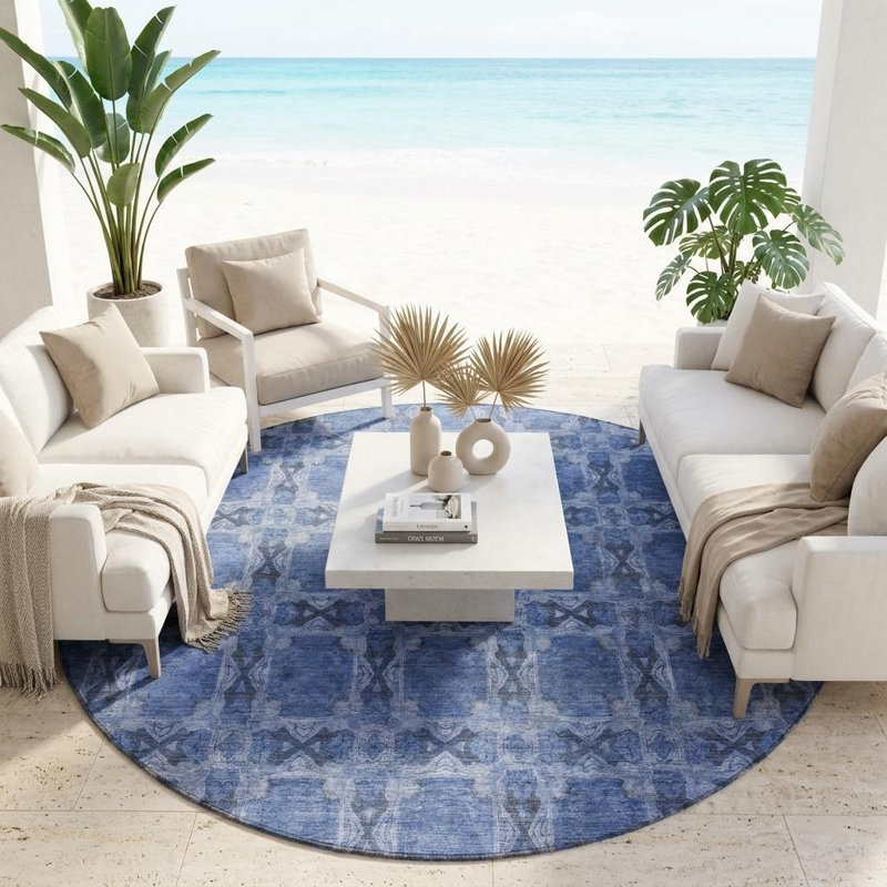 Tapis intérieur lavable antidérapant rond 8 pi bleu et gris