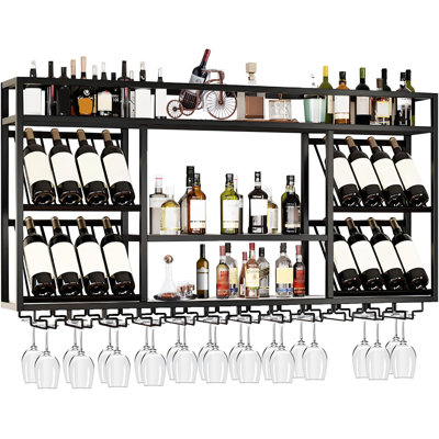 Wall Mounted Wine Racks With Glass Holder, 3 Tier Wine Storage Display Rack, Floating Rustic Metal Bar Liquor Shelves, For Home Bar, Wine Kitchen Stor by Everly Quinn