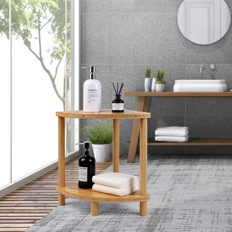 Tabouret de douche d'angle à 2 niveaux en bambou avec tablette de rangement, banc de repose-pieds de douche imperméable pour les pieds de rasage, siège et organisateur de salle de bain, conception peu encombrante