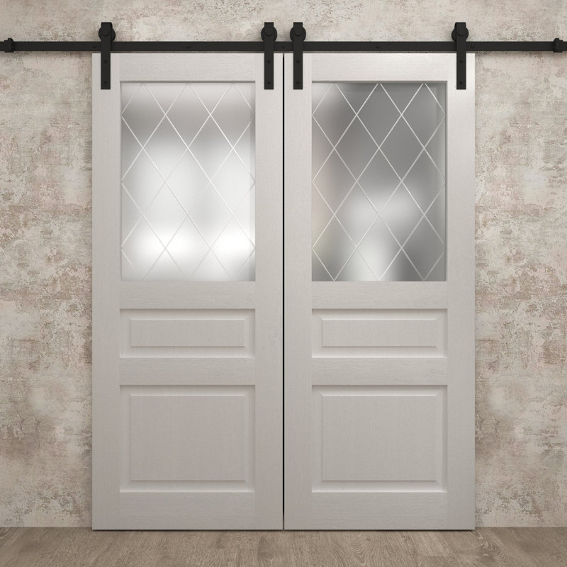 Porte de grange double moderne | Ego 5011 | Ensemble de rail | Portes intérieures solides, Chêne blanc peint, 64 po x 80 po
