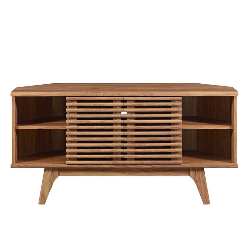Walnut Mid-Century Modern Corner TV Stand with Sliding Doors