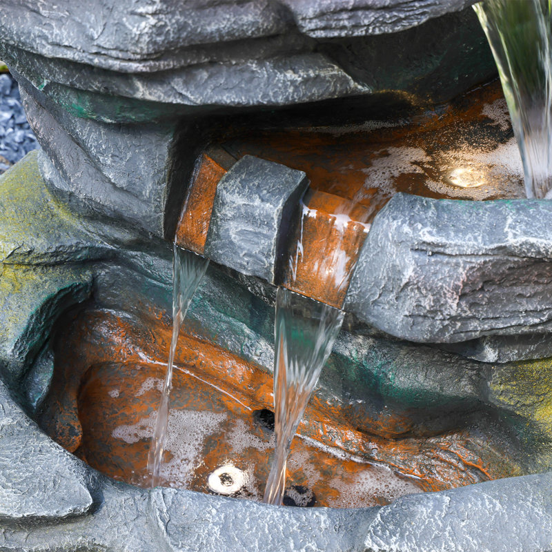 Water Fountain Resin Tiered Waterfall With Stone Look & LED Lights - Garden Decor