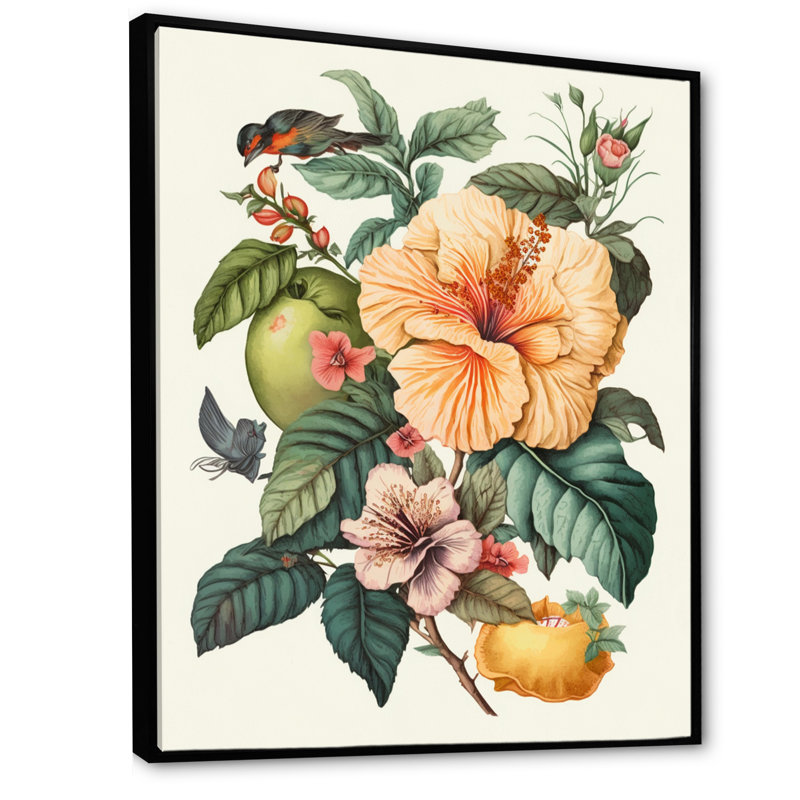 «Blossiming Yellow Retro Hibiscus IV - Floral Hibiscus, art mural sur toile, H 20 po x l 12 po x P 1 po, Cadre flottant noir