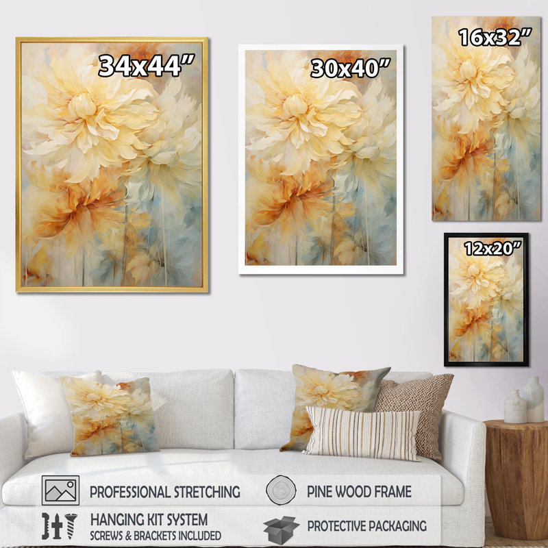 «Peach Marigold Elegance Bouquet Still Life III», reproduction sur toile, Cadre simple blanc, H 40 po x l 30 po x P 1,5 po