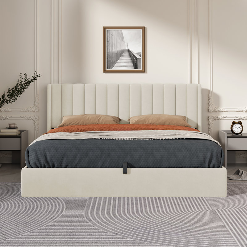 Daizia Lift Up Storage Platform Bed with Wingback Headboard, Cream, King