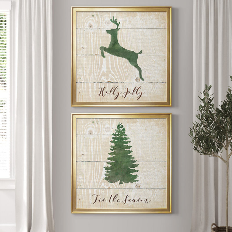 Holly Jolly Reindeer - ensemble de 2 reproductions d'art encadrées, H 34,5 po x l 69 po x P 1,5 po, Toile encadrée dorée