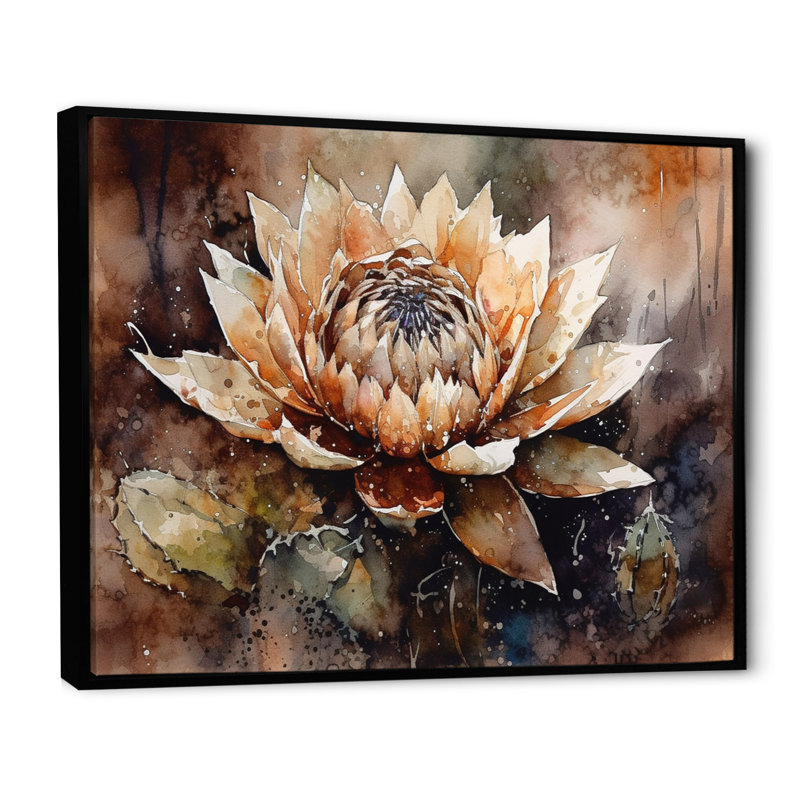 «Roverta Brown Green Cactus Flower I», reproduction sur toile, H 12 po x l 20 po x P 1 po, Cadre flottant noir