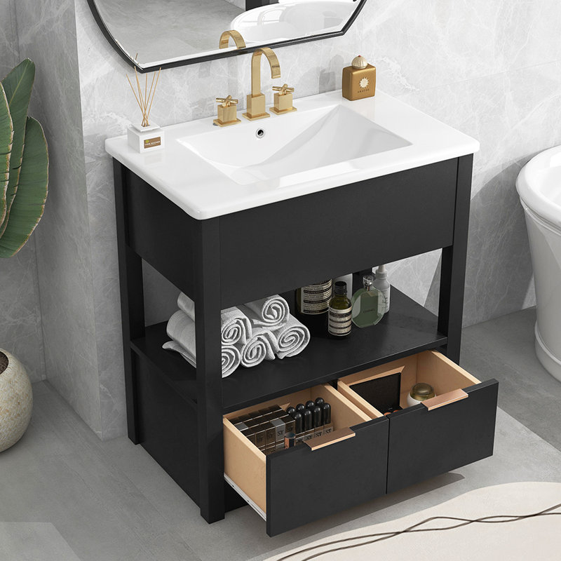 Meuble-lavabo simple 30 po avec plateau en bois massif Kyrun, Noir