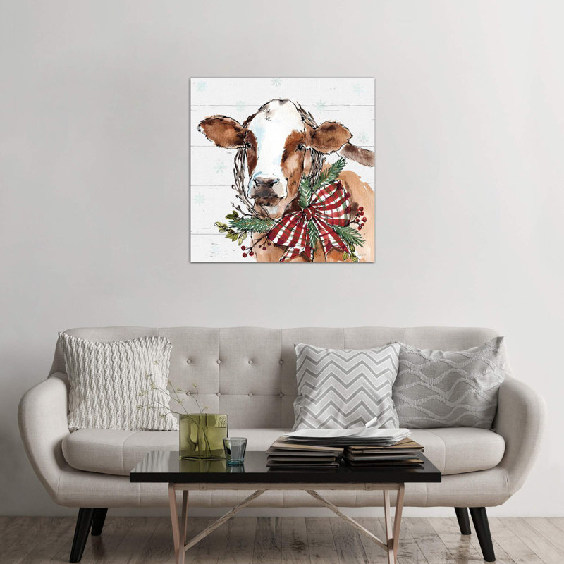 Christmas Cow by Anne Tavoletti - Painting on Canvas, 93.98 cm H x 93.98 cm W, Brown Floater Framed