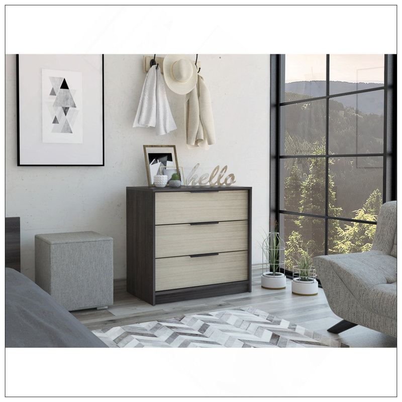 Commode 3 tiroirs Kaia, plateau supérieur, Gray/Beige