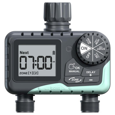2 Zone Garden Hose Water Timer With Rain Delay, Manual Control, Automatic Irrigation For Yard Lawn