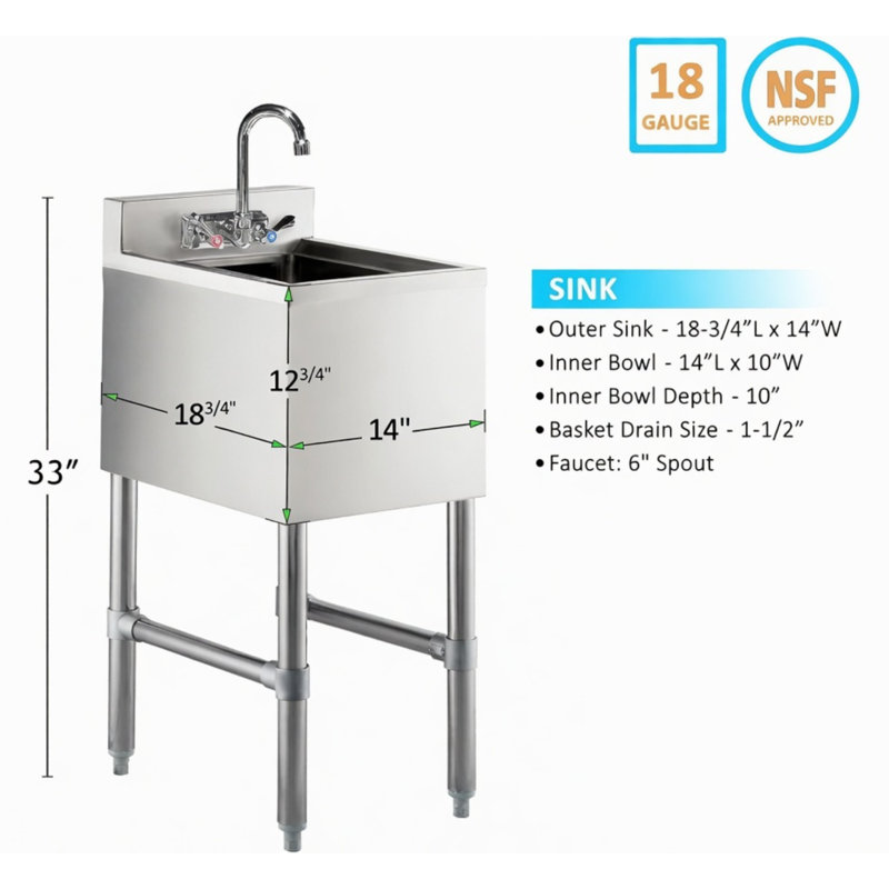 Évier en acier inoxydable H 33 po x L 19 po x l 14 po à double compartiment avec robinet et pieds galvanisés Express KitchQuip