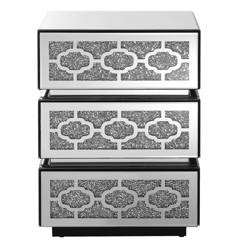 Table de chevet avec miroir, table d'appoint moderne à 3 tiroirs, table de bout décorative argentée avec diamants écrasés pour chambre à coucher, dortoir et salon, l 17,7 po x P 13,8 po x H 23,6 po